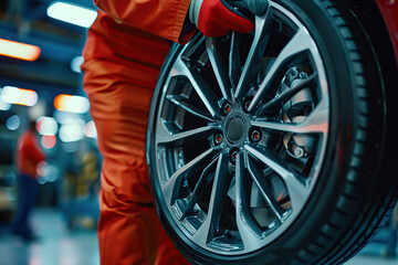 Fototapeta premium Male mechanic holding car wheel with tire in car workshop