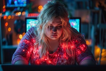 A woman appears concentrated on her laptop while wrapped in red Christmas lights, creating a festive atmosphere
