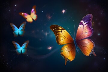 Fototapeta na wymiar pictures of a number of butterflies in space flying in wonderful and different colors 