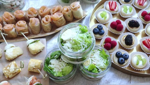 Catering buffet for events. Catering banquet table with different food snacks.