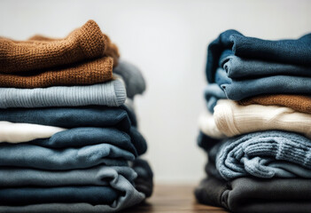 clean hand shirt pile sweater cotton white clothes jean isolation pattern garment fashion background laundry attire clothing casual jeans blue sweaters store textile group denim material Stac - obrazy, fototapety, plakaty