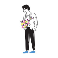 Beautiful man in tuxedo suit with buttonhole holding bouquet of flowers in blue shoes. Hand drawn vector sketch doodle illustration in flat  style. Concept of date, love, gift, celebration