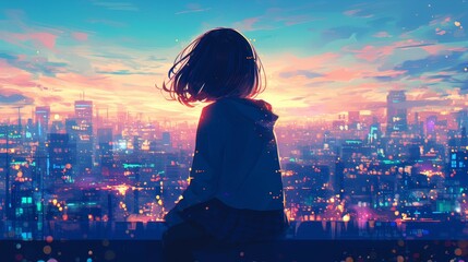 A girl with short hair, her back to the camera as she looks at the city light