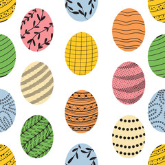 Seamless pattern with colored Easter eggs with ornament decorations on white background. Hand drawn vector sketch illustration in doodle flat cartoon style. Happy Easter, wrapping paper, repeatable