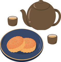 Moon Cake Traditional Dessert and Tea Cup Teapot Illustration Graphic Element Art Card