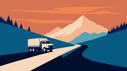 small milk tanker ride along the road to the horizon between the mountains, Ilustración, digital,ilustración,vector,colores brillantes, logística.Camión con leche en el fondo de las montañas