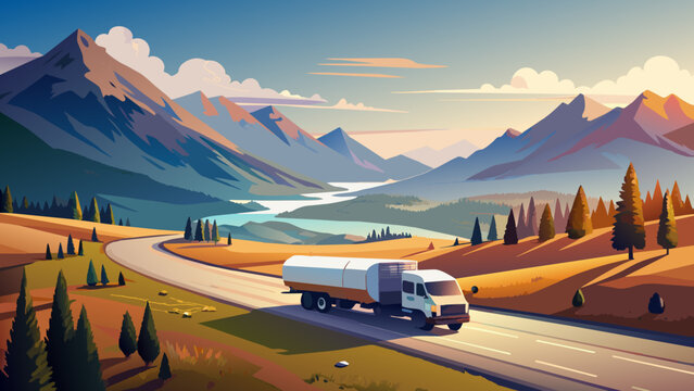 small milk tanker ride along the road to the horizon between the mountains, Ilustraci&oacute;n, digital,ilustraci&oacute;n,vector,colores brillantes, log&iacute;stica.Cami&oacute;n con leche en el fondo de las monta&ntilde;as