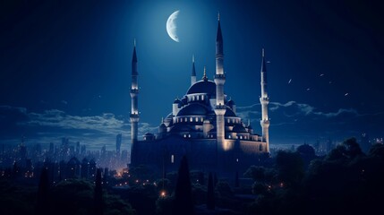 Illuminated Mosque in Ramadan - obrazy, fototapety, plakaty