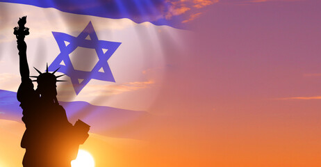 May is Jewish American heritage month. Flag of Israel and Statue of Liberty on sky background. 3