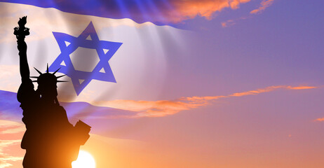 May is Jewish American heritage month. Flag of Israel and Statue of Liberty on sky background. 3