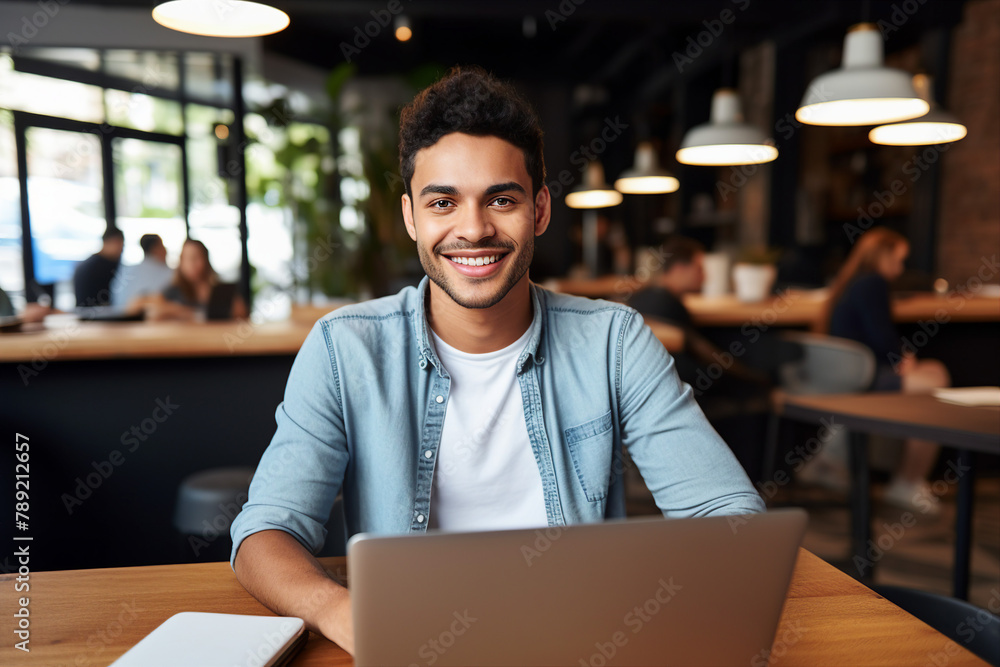 Aufkleber generative ai photo of smiling person working as a tutor from cafe distance lesson