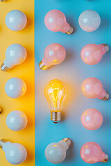 Many lightbulbs on a color background with lights on
