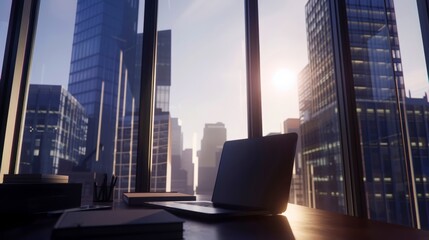 Laptop with Sunrise City View