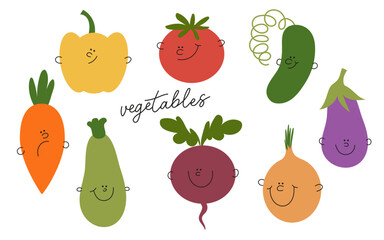 Cartoon vegetable collection. Cute  cucumber, carrot, tomato, pepper, eggplant, zucchini  for kids. Collection of colorful rainbow cartoon vegetables in funny children's doodle style. Vector food illu