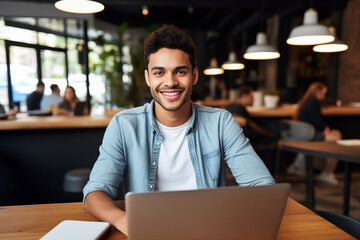 Obraz premium Generative AI photo of smiling person working as a tutor from cafe distance lesson