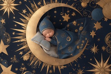 A newborn baby sleeping on the bed, surrounded in the style of stars and moonlight. The background is black with golden crescent shapes.