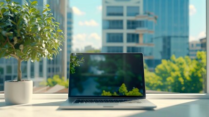 Laptop with Cityscape in Daytime