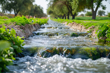 Serene view of a water-efficient irrigation channel in a lush agricultural setting