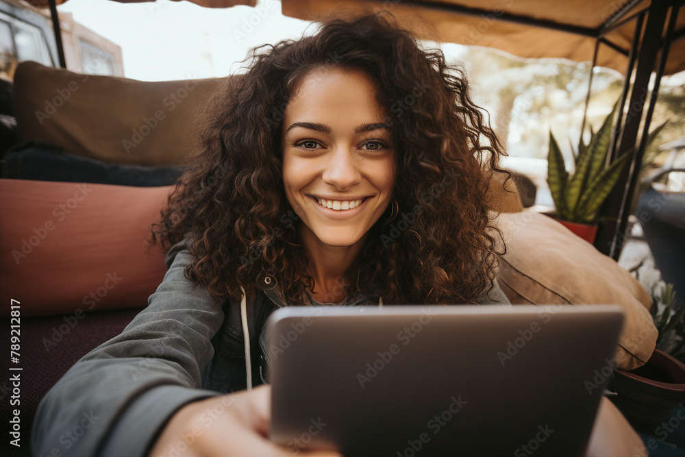 Poster generated with ai picture of a user work from cozy cafe with laptop