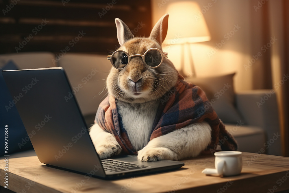 Poster generative ai image of funny rabbit looking at the laptop computer screen cozy flat