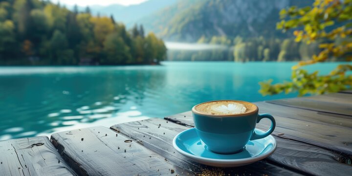 Outdoor Lifestyle Photography, Vibrant Coffee Cup by Lakeside with Clear Blue Water