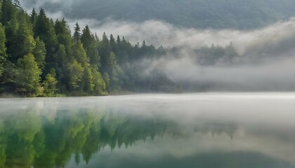 Obraz na płótnie Canvas Tranquil-Misty-Mountain-Lake-Surrounded-By-Forest-
