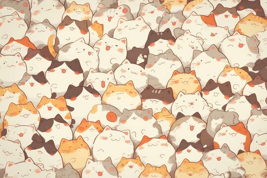 A pattern of cartoon cats, all different sizes and shapes, all smiling with closed eyes. The background is pastel