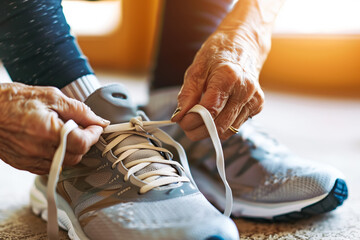 Middle aged man tying his shoelaces and getting ready to go workout - obrazy, fototapety, plakaty