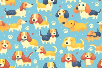 A pattern of cartoon dachshunds, designed for fabric printing with clean lines and minimal details. The background is vibrant to highlight the cuteness of the dachshunds against it. 
