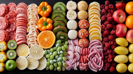 Various fruits and vegetables are displayed on the table - obrazy, fototapety, plakaty
