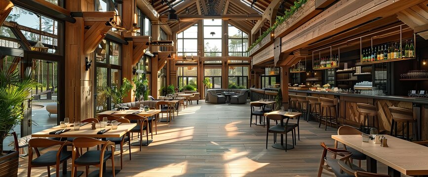 he River Cafe restaurant interior in Sochi Marriott Krasnaya Polyana in Gorky Gorod resort