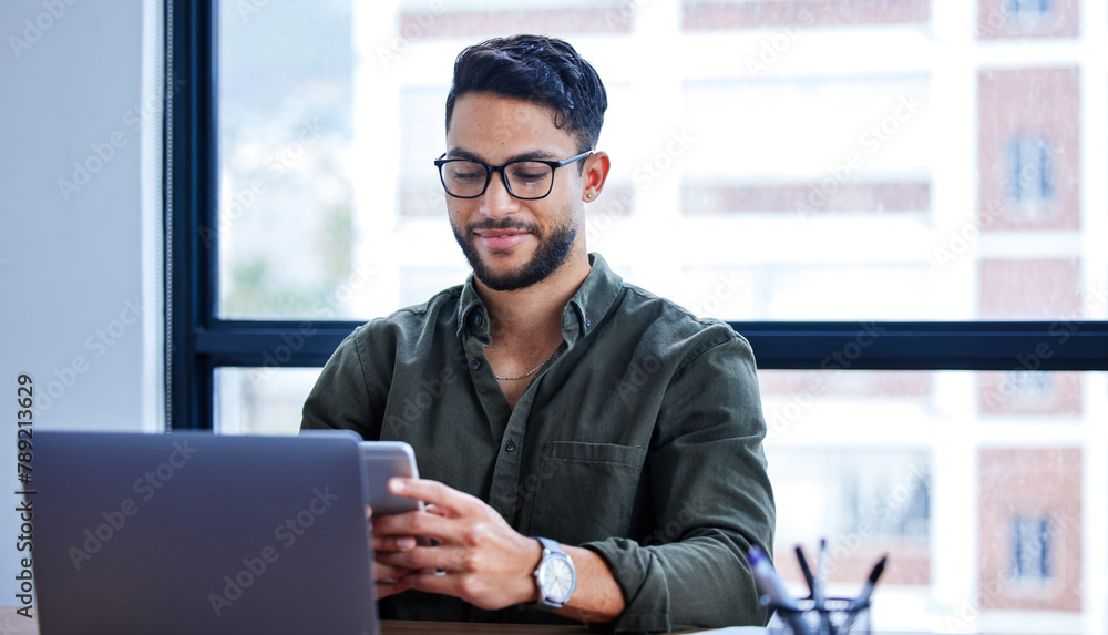 Poster laptop, phone and businessman with glasses in office for creative project with copywriting. smile, t