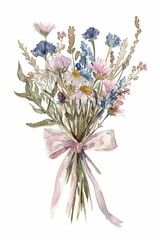 Vibrant watercolor illustration of a rustic bouquet of wildflowers tied with a delicate pink ribbon