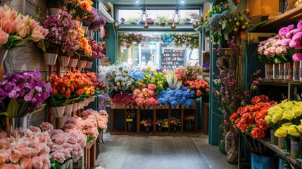The flower shop is decorated with colorful flowers.