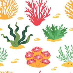 Coral and ocean plants seamless pattern. Underwater flora and seaweed. Aquatic plant, tropical seabed elements vector background for textile, packaging.