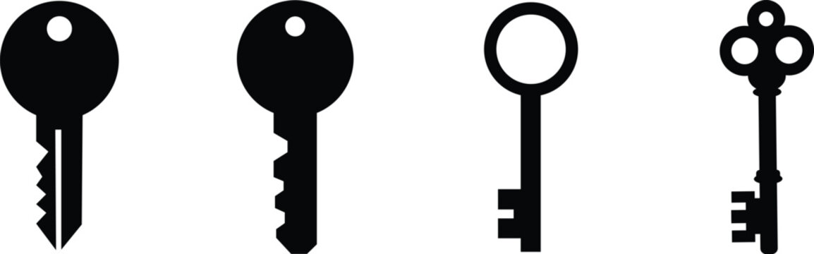Key icon symbol flat style set. Door or house key to unlock lock collection. Security system concept represented by silhouette key sign group