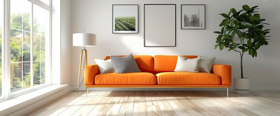 Idea of a white scandinavian living room interior with orange sofa, lamp on the wooden floor and...