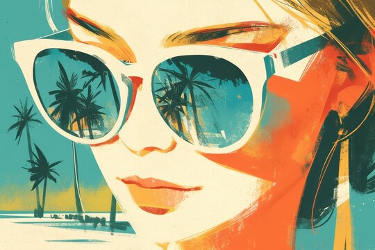 A retro collage of vintage pop culture elements, like classic Hollywood movie posters and iconic fashion styles, with abstract shapes that resemble palm trees or sunsets reflecting in sunglasses. 