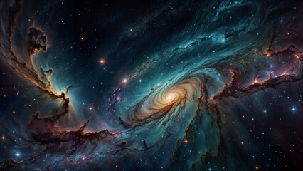 The image features a swirling galaxy with a central bright area and arms that extend out like a spiral. The galaxy is set against a backdrop of stars and is surrounded by a cloud-like structure.