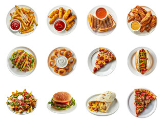 top-down view of a variety of fast food dishes, including fries, mozzarella sticks, sandwiches, fried chicken, pizza, hot dog, nachos, burger, and burrito.