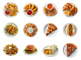 top-down view of a variety of fast food dishes, including fries, mozzarella sticks, sandwiches, fried chicken, pizza, hot dog, nachos, burger, and burrito.