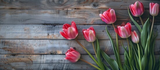 Artistic background featuring spring tulips on wooden surface for design. - obrazy, fototapety, plakaty