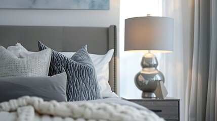 modern style bedroom with pillows on bed and modern grey lamp on side table at home