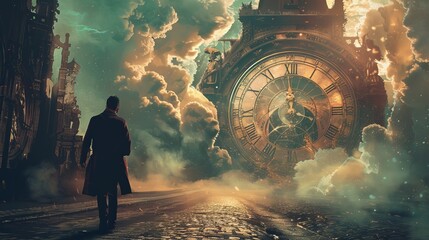 A compelling narrative of a time traveler who loses his way amidst the vast corridors of time, navigating through epochs and eras, grappling with the paradoxes and uncertainties of temporal displaceme - obrazy, fototapety, plakaty