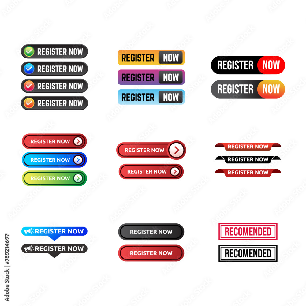 Aufkleber set of label with megaphone and text register now.
