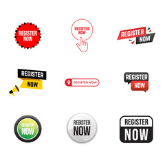 Obraz premium Set of label With Megaphone And Text Register Now.