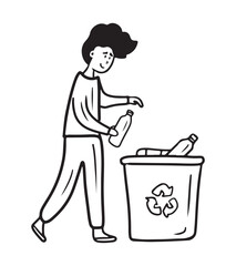 Man is throwing empty plastic bottle into special recycling garbage bin. Hand drawn vector sketch doodle illustration in flat  style. Ecology, concept of recycling products, trash sorting