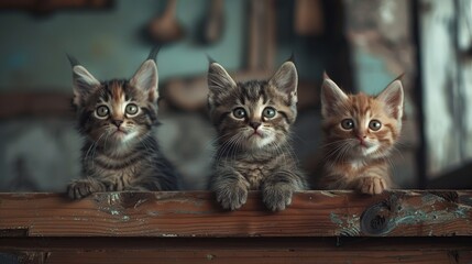 Fototapeta na wymiar Three tabby kittens on a wooden table