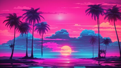 A pink and blue retro landscape of palm trees and a city skyline at sunset with a pink sea.  