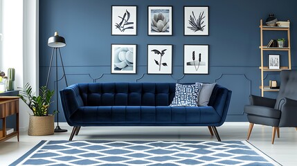 Open space living room interior with a navy blue sofa and an armchair Rug on the floor and graphic decorations on the wall